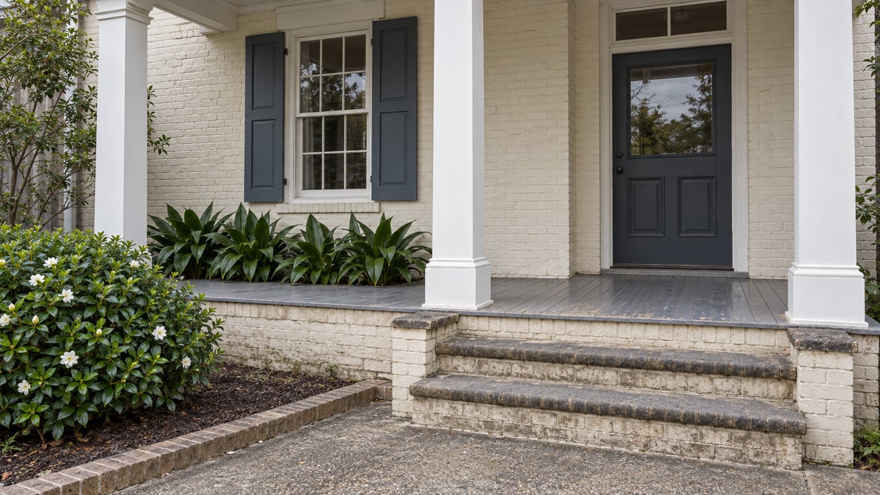 Raised front porch with ivory painted brick, white timber columns, slate-blue shutters and worn brick steps beside a planted bed.