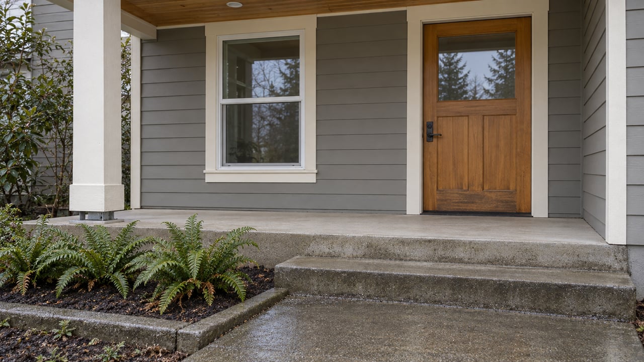 Covered entry with a fir-and-glass door, gray lap siding, rain-darkened concrete steps, and three sword ferns.