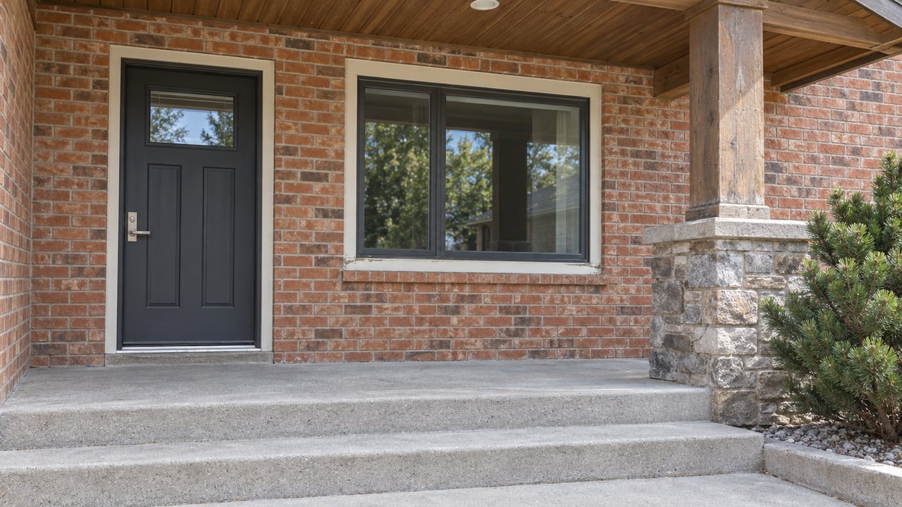 Close view of a brick home's covered entry, timber porch support, stone base and weathered concrete steps.