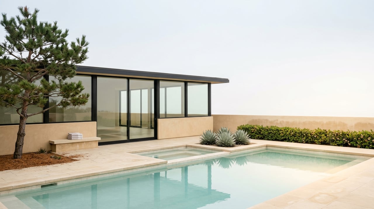 Rectilinear pool and raised spa beside a glass-walled stucco home, with a Torrey pine and agaves nearby.