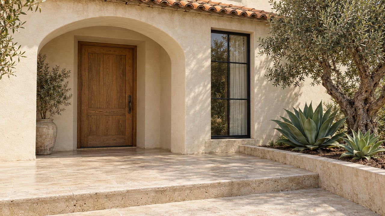 Cream stucco arched entry with an oak door, black-framed window, weathered limestone terrace and sculptural olive tree.