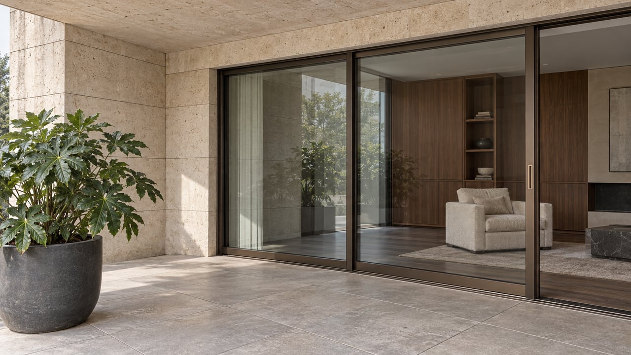Covered luxury apartment terrace with limestone surfaces, bronze-framed glass doors, and a single sculptural potted plant.