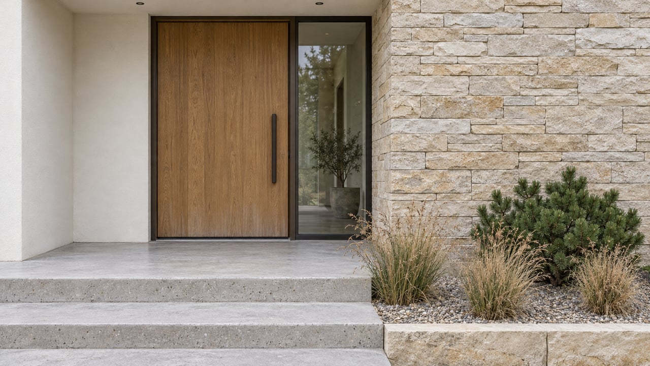 Contemporary home entrance with an oak door, limestone wall, concrete steps and a small autumn planting bed.