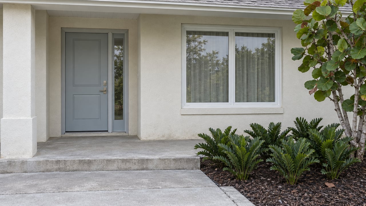 Soft morning light across a pale stucco home entry, blue-gray door, broad window, and sea-grape planting beside a concrete approach.