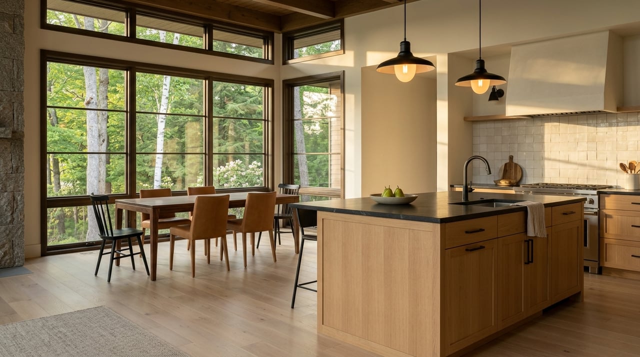 Kitchen-dining area with soapstone counters, oak cabinetry, pendant lights, and forest through multipane windows.