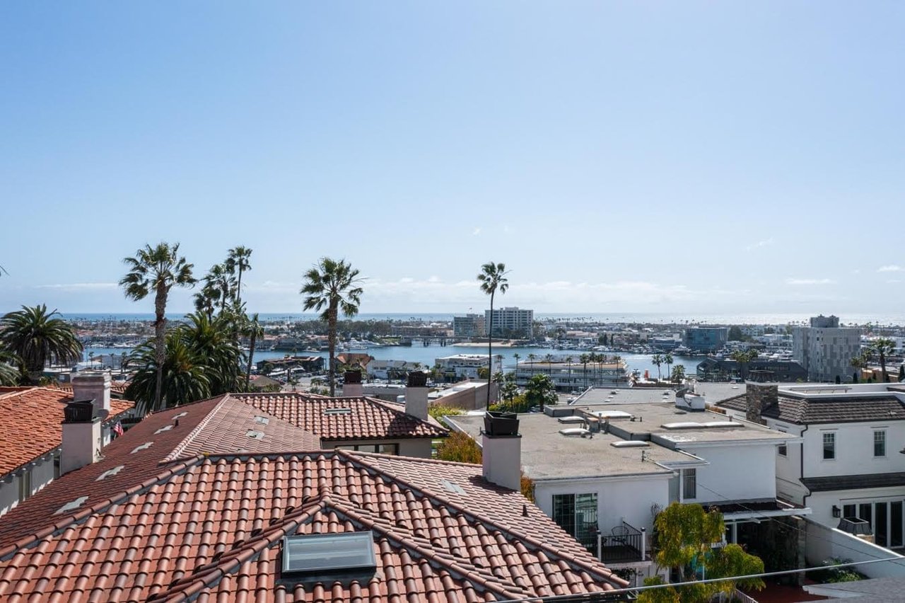  A rooftop view of houses with red tile roofs, palm trees, and a marina with boats leading out to the ocean.