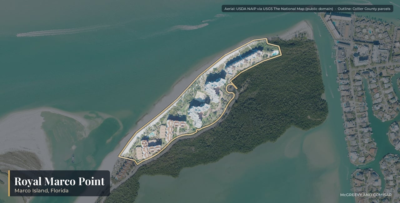 Aerial view of Royal Marco Point on Marco Island, Florida, its five mid-rise towers on the Gulf beach inside the Hideaway Beach gate