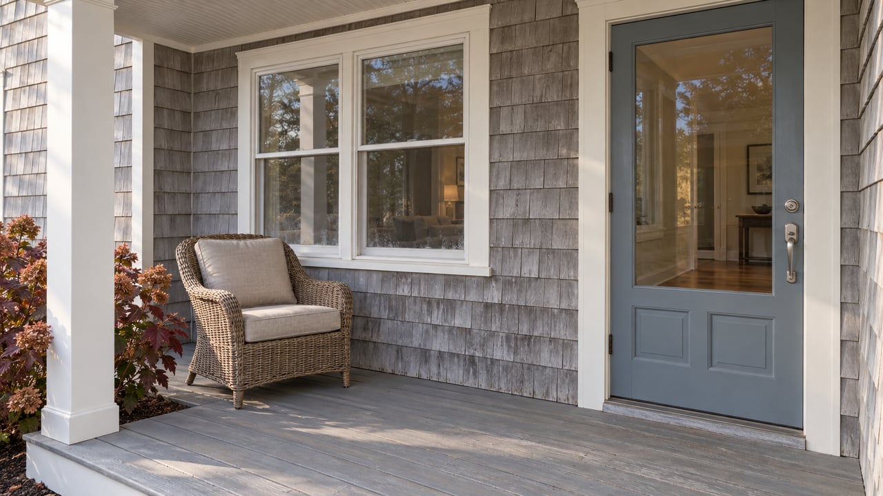 Weathered cedar shingles, a blue-gray glazed front door and a wicker chair on a covered porch beside burgundy oakleaf hydrangea.