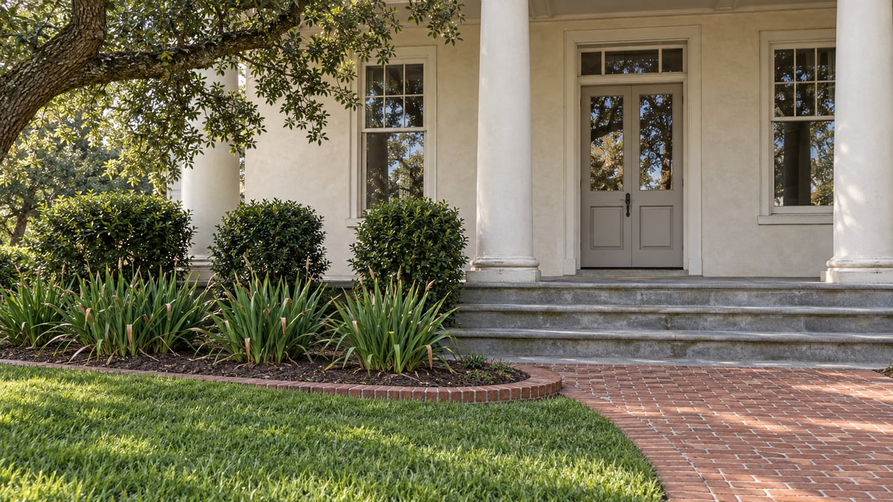 Cream stucco home with tall sash windows and a columned stone porch behind a brick-edged bed of unflowered irises and a live oak canopy.