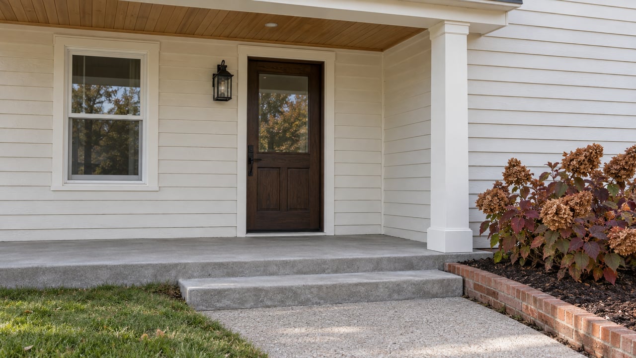 Sunlit wood-sided home entrance with an oak door, concrete porch steps and burgundy oakleaf hydrangeas.