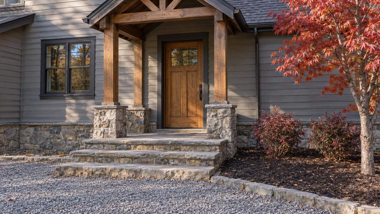 Autumn sunlight grazes a timber-supported entry, oak front door and sandstone steps beside red maple and burgundy blueberry foliage.