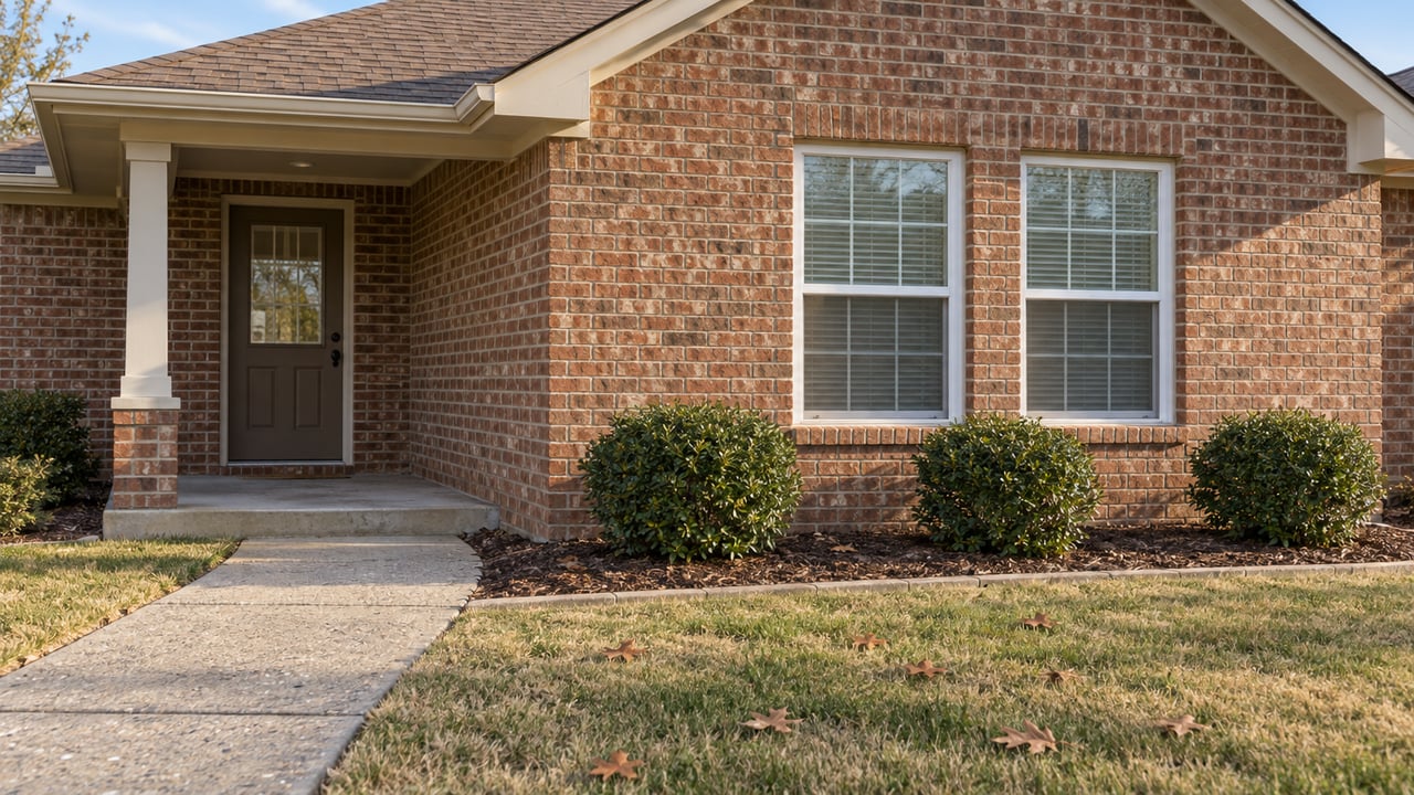 Brick home's recessed front porch and paired windows beside a concrete walk and patchy autumn lawn.