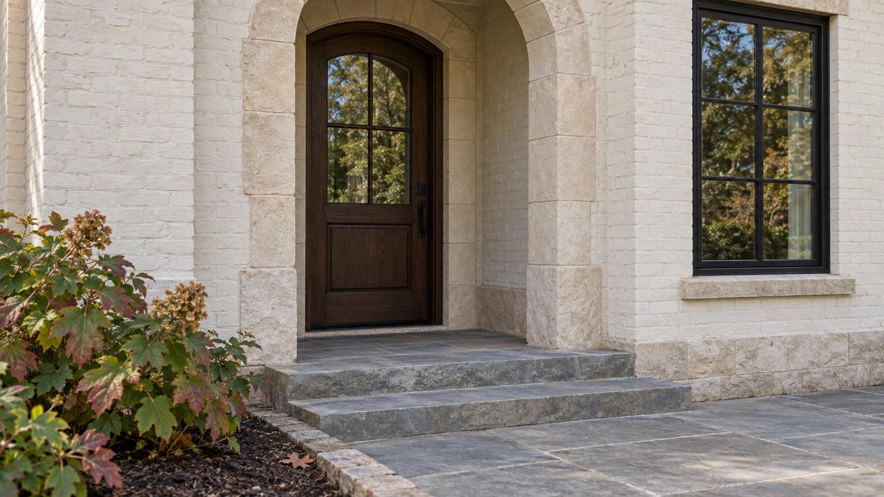 Limestone arch surrounding a dark oak front door beside cream-painted brick, black-framed glazing, and oakleaf hydrangeas.