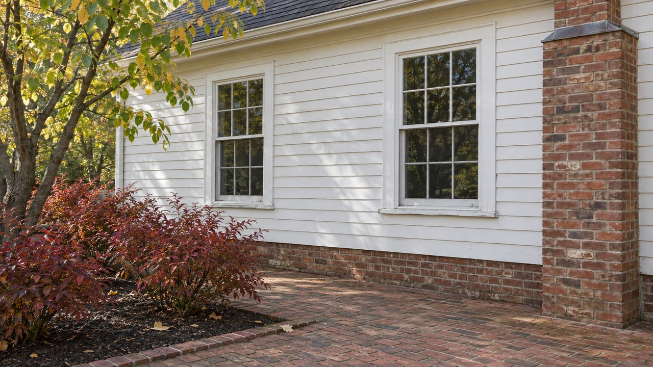 White clapboard home with paired sash windows, a weathered brick chimney and terrace, and autumn redbud and sweetspire planting.