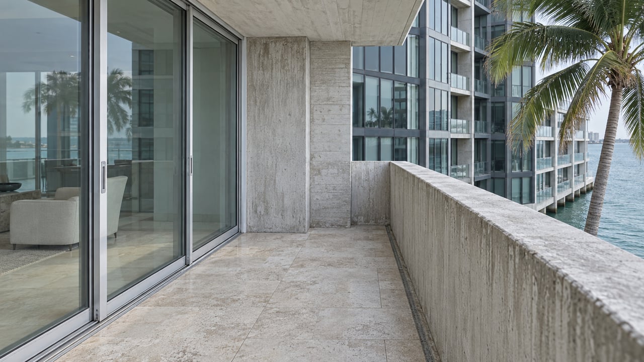 Covered condominium terrace with pale concrete, closed aluminum-framed glass doors, limestone paving, and a coconut palm beside teal water.