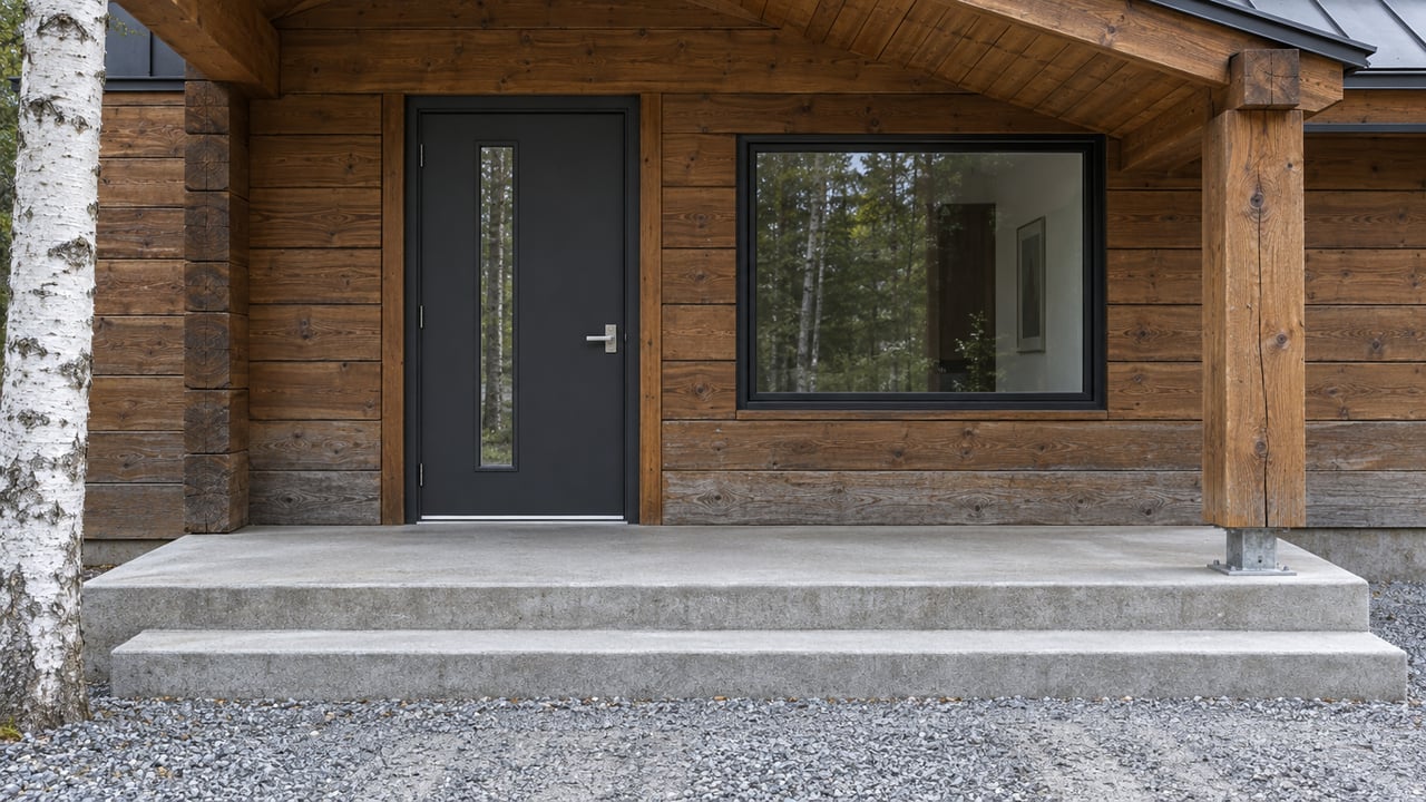 Heavy-timber home entrance with a charcoal glazed door, black-framed window, concrete steps and a birch trunk beside the gravel approach.