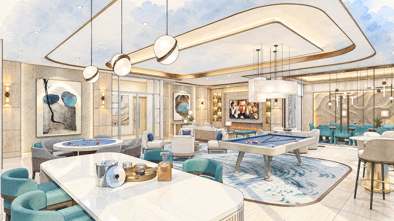 Saravela Sarasota amenity lounge with a billiards table, card table, and teal seating.
