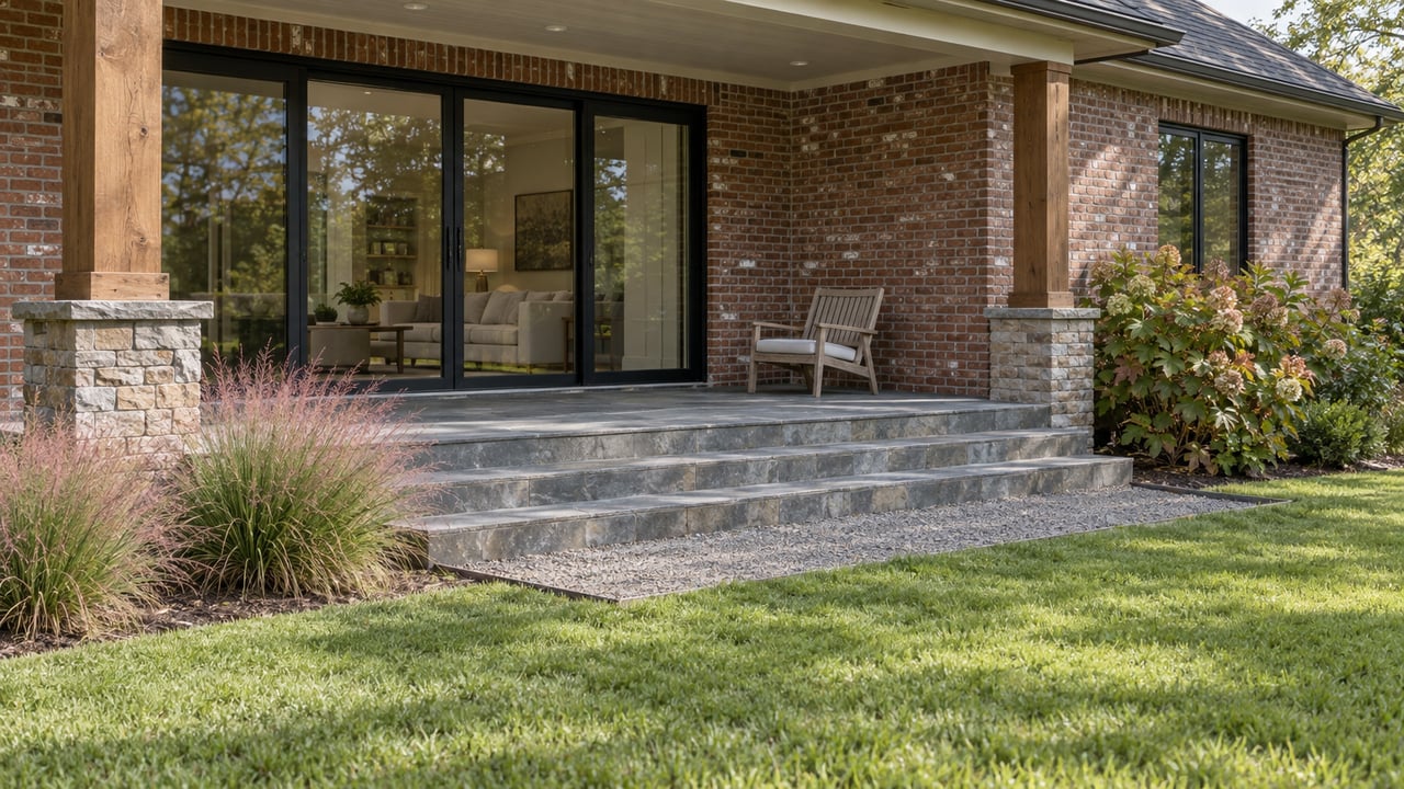Brick rear porch with black-framed sliding doors, stone steps, a teak chair, and lawn.