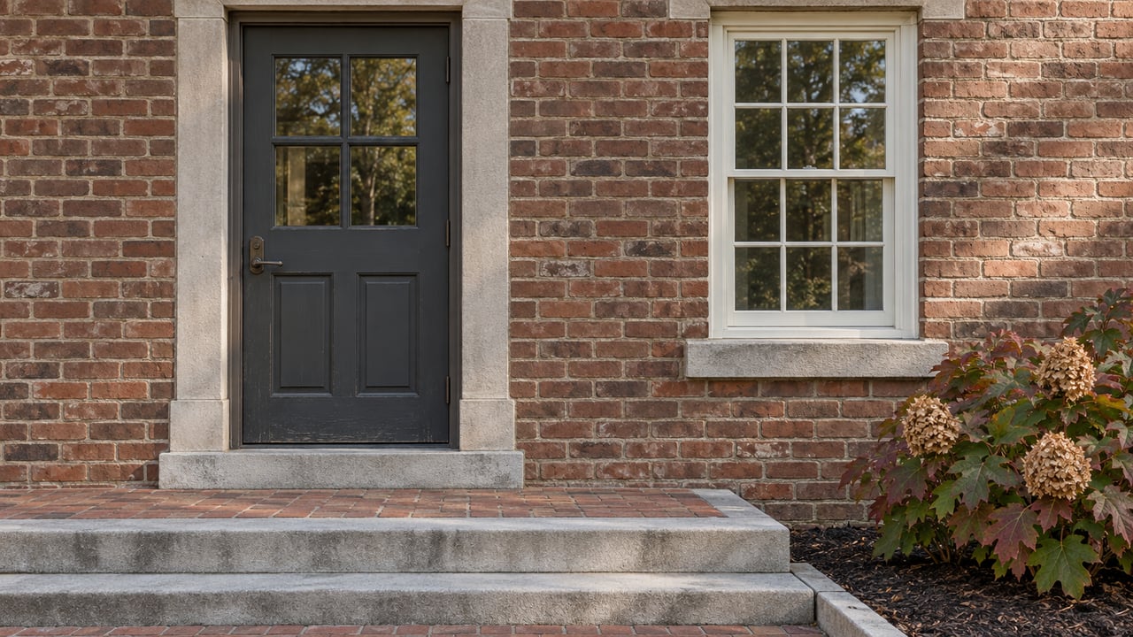 Brick home entrance with a charcoal glazed door, ivory sash window, limestone steps and an oakleaf hydrangea with autumn leaves.