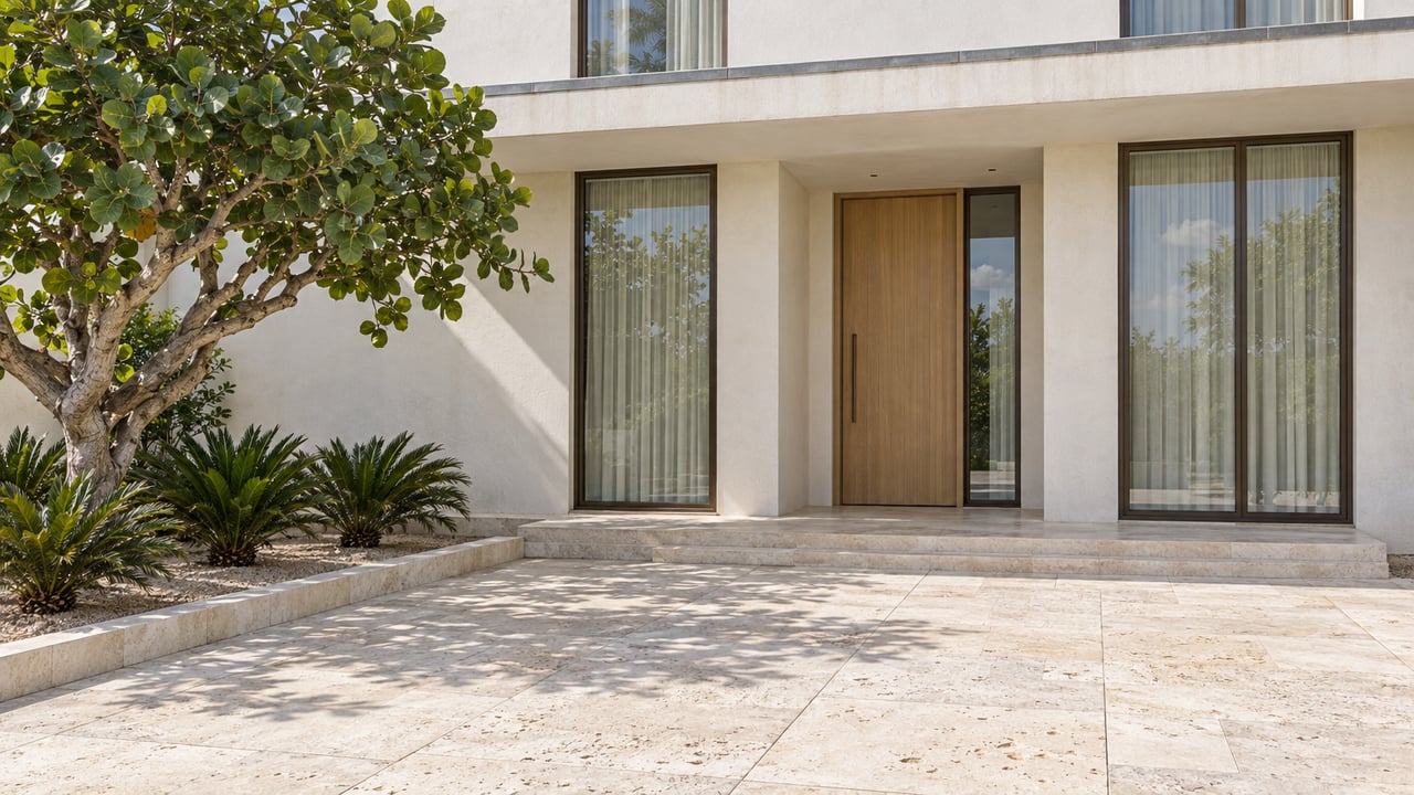 Ivory contemporary home with tall bronze-framed windows, a sheltered oak entrance and broad limestone paving beside a sculptural sea grape tree.