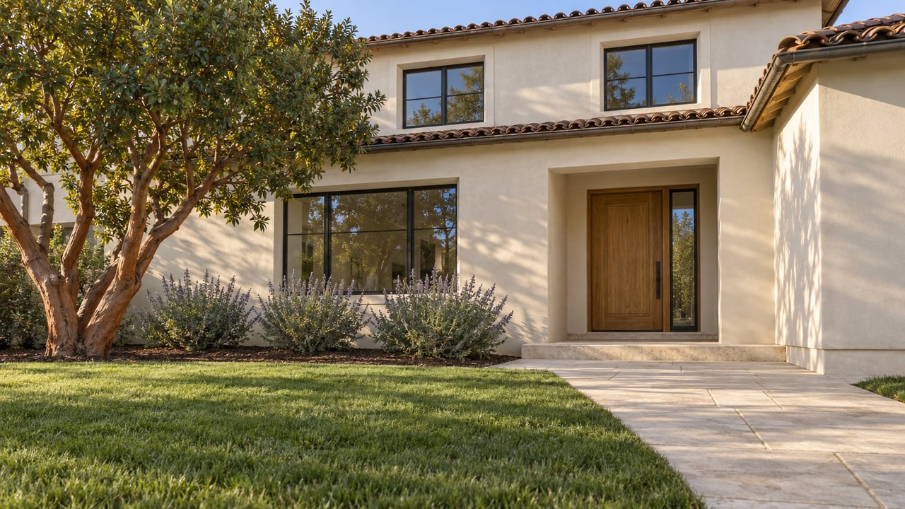 Low-angle view across a deep green lawn toward an ivory stucco home with warm clay roof tiles, black-framed windows, an oak entry and a sculptural strawberry tree.