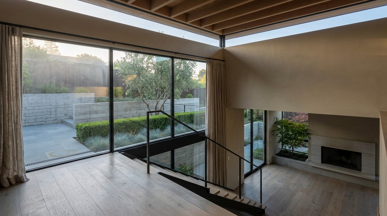 Great room with wood mezzanine and open staircase overlooking a terraced garden through glass.