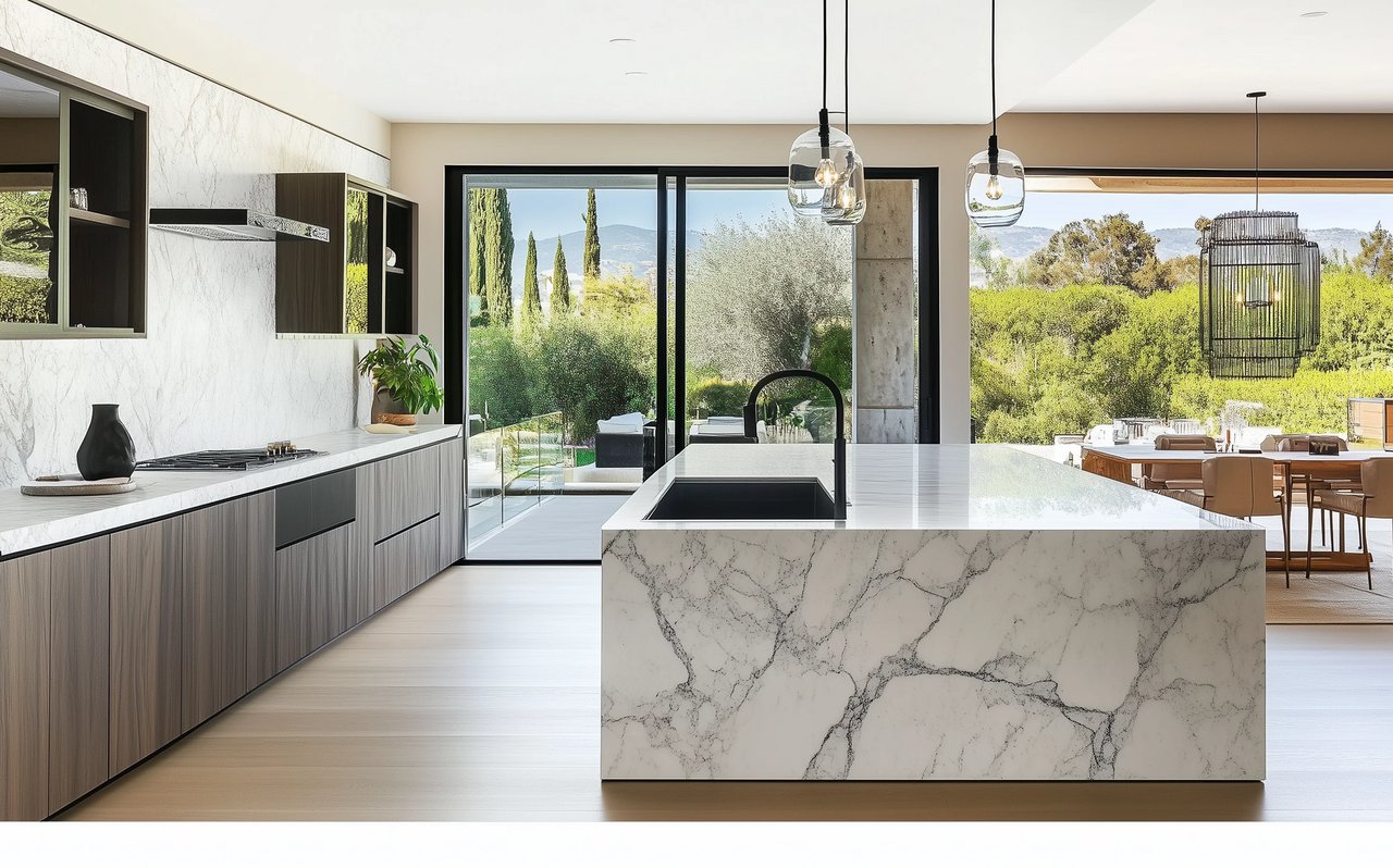 Modern kitchen with a marble waterfall island, dark cabinetry, and glass doors overlooking greenery.