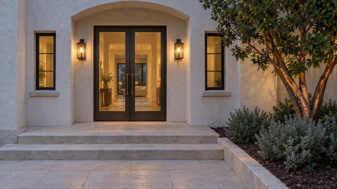 A pale stucco home entrance at dusk with bronze-framed glass doors, warm lanterns, limestone steps, and a sculptural strawberry tree.