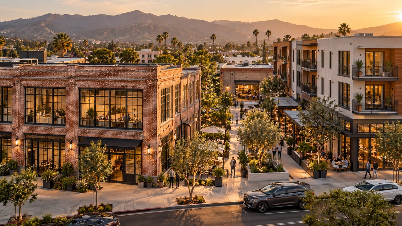 illustration of a mixed-use district with apartments, commercial spaces and a restored brick building at golden hour.