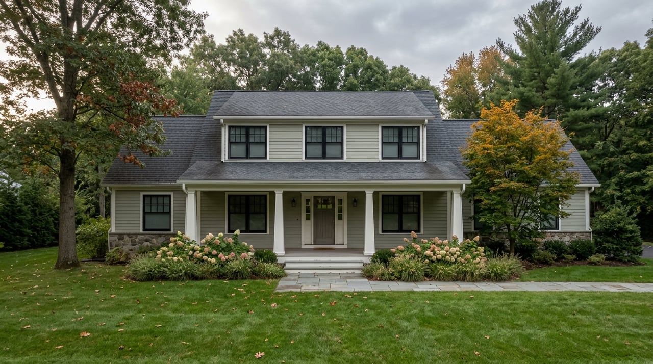 Two-story sage clapboard house with a covered porch, bluestone path, and mature trees around a broad lawn.
