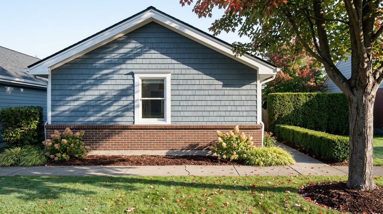 Blue-gray shingled gable above a red-brown brick base, with a white window, maple, and hydrangeas.