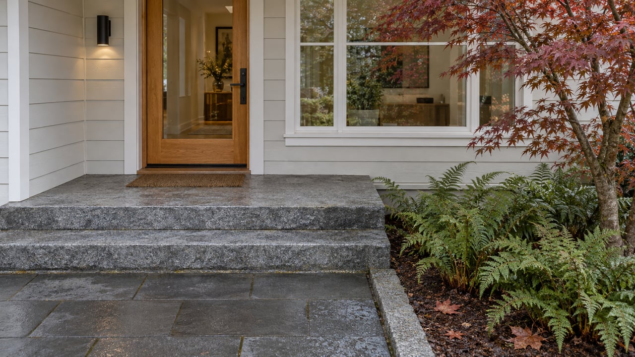 Sheltered oak-and-glass front door beside a white-framed window, with granite steps and copper-red maple leaves.