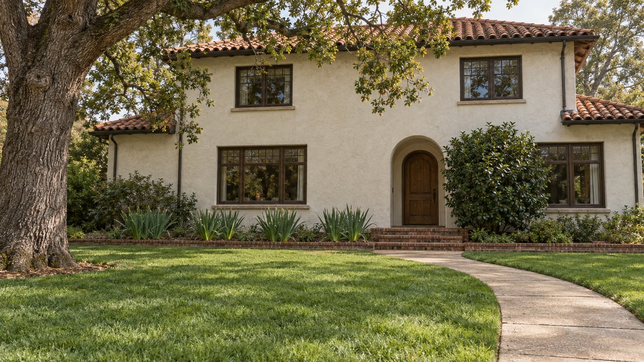 An ivory stucco home with clay roof tiles, an arched oak entry and a deep front lawn shaded by a mature oak.