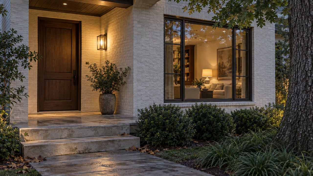 Cream brick house entry with walnut door, glowing window, limestone steps, and oak leaves at blue hour.