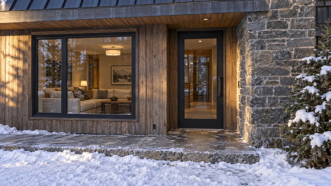 Condominium entry with a glass door, cedar siding, charcoal stone pier, and snow-packed approach.