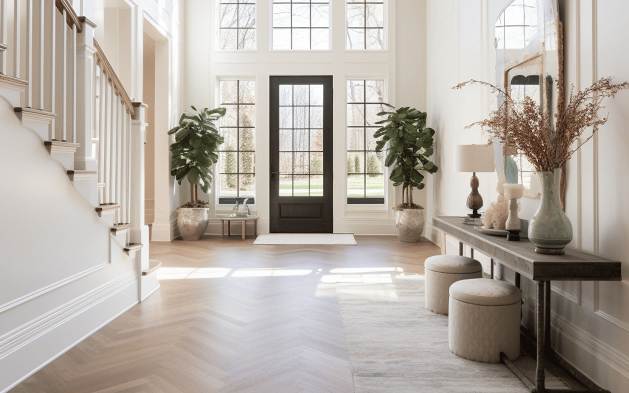 Bright entryway with a black glass-paneled front door, tall windows, and a staircase.