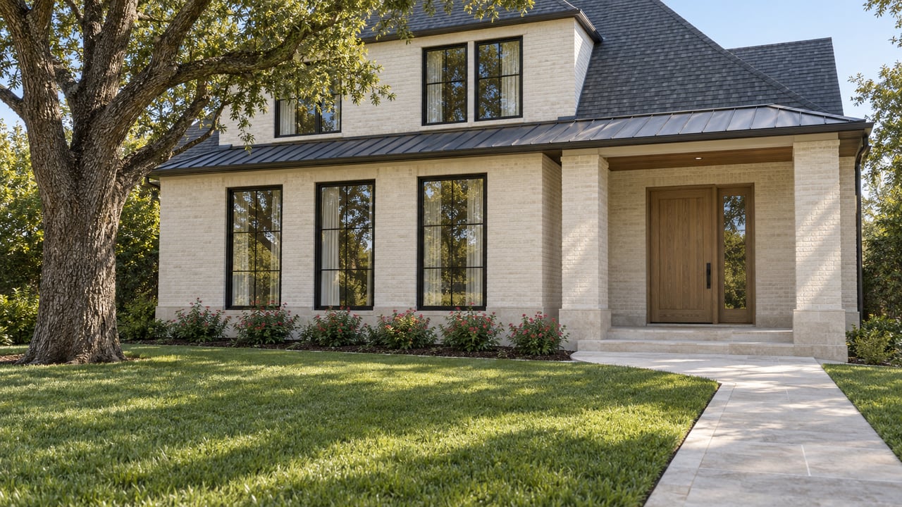 Sunlit limewashed-brick home with black-framed windows, a sheltered oak entry, limestone walk and a mature oak beside a broad lawn.