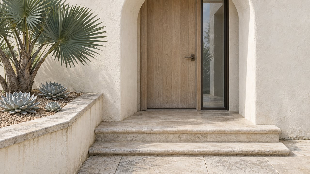 Weathered white stucco arch around a closed oak entry door, with limestone steps and sculptural succulent planting in a raised bed.