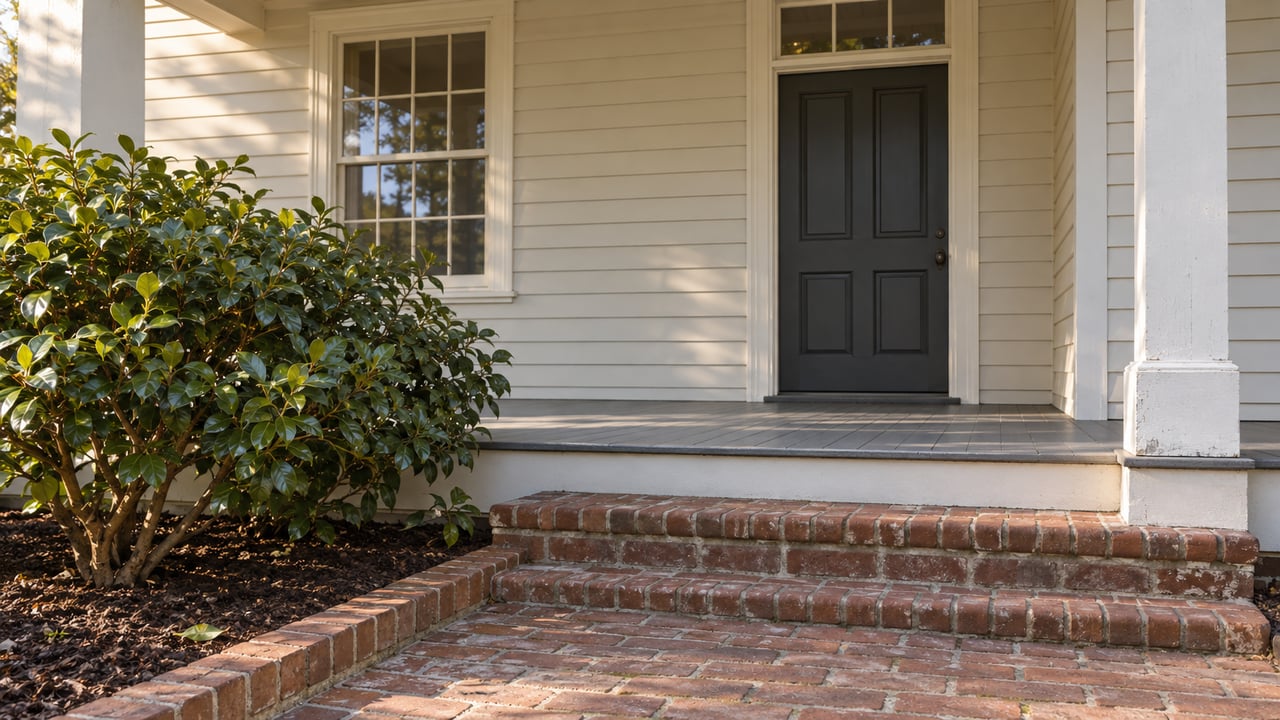 Morning light on a cream clapboard home's covered entry, weathered brick steps and a glossy camellia beside the garden path.