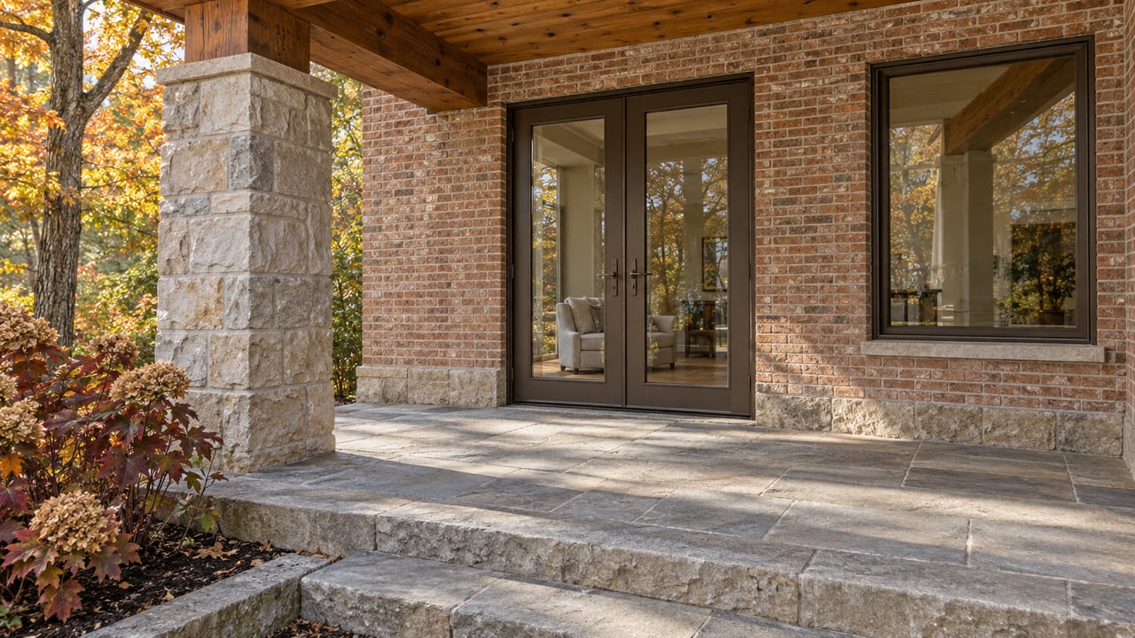 Autumn light on a brick home's timber-covered porch, limestone pier and sandstone terrace beside oakleaf hydrangeas.