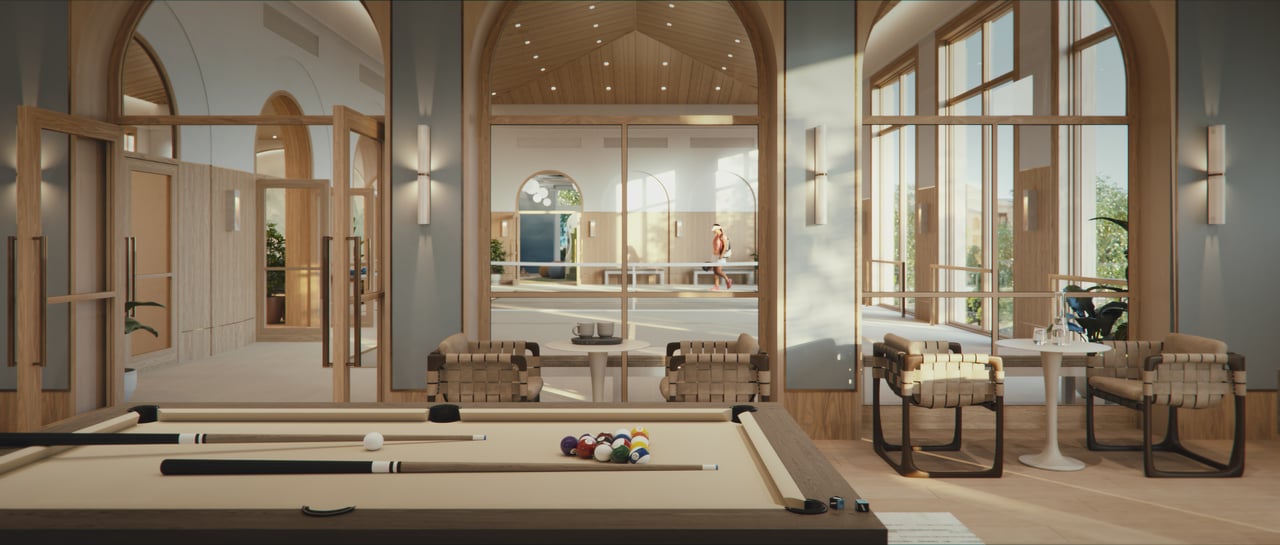 South Flagler House sports lounge and billiards rendering in West Palm Beach.