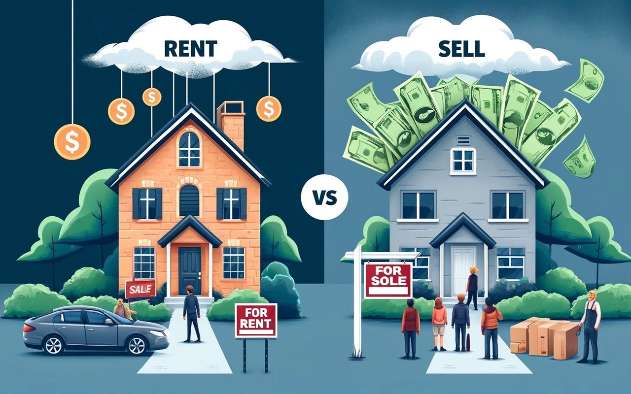 Illustration comparing renting and selling a home, with houses, money, and rental and sale signs.