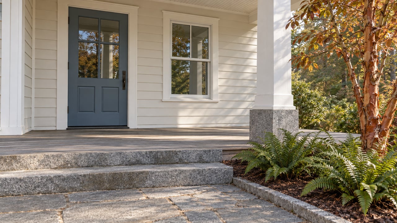 White clapboard home entrance beneath a covered porch, with a blue glazed door, granite steps and a copper-barked specimen tree.