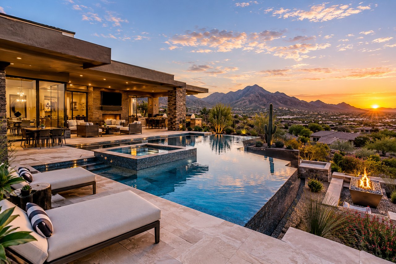 Modern desert home with an infinity pool and mountain views at sunset