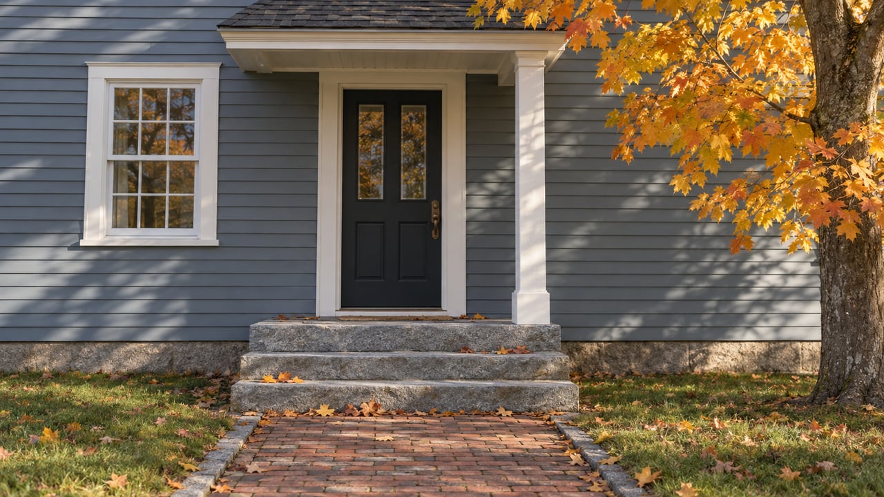 Blue-gray clapboard entry with a glazed-pane door, granite steps, brick walk, and yellow-orange maple leaves.