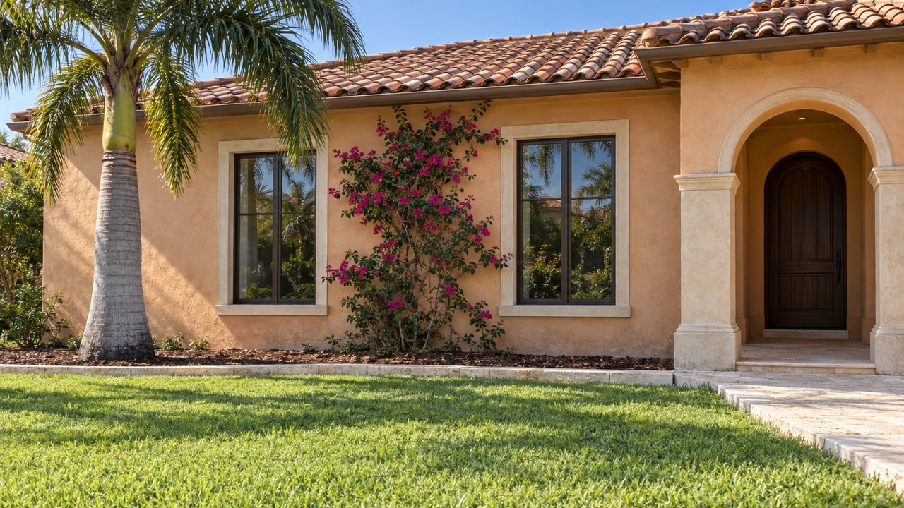 Peach stucco home with a terracotta roof, bronze-framed windows and a shaded arched entrance beyond a broad lawn, beside a specimen palm and magenta bougainvillea.