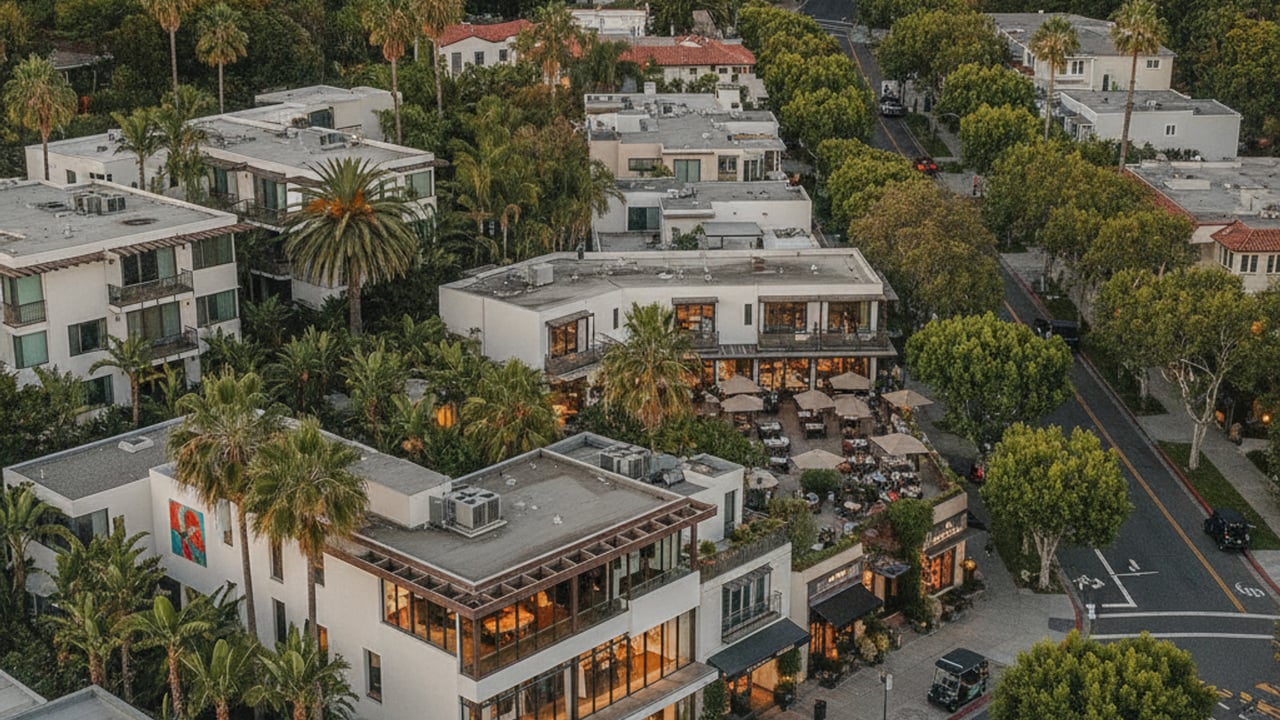 Aerial view of modern low-rise buildings and a lively restaurant patio among palm trees.