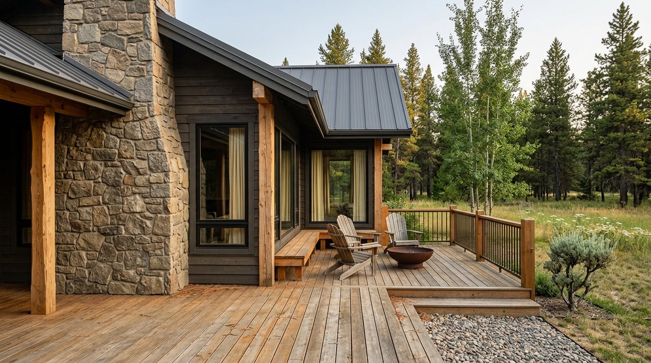 Outdoor deck corner with surrounding architecture and a tree line in the background.