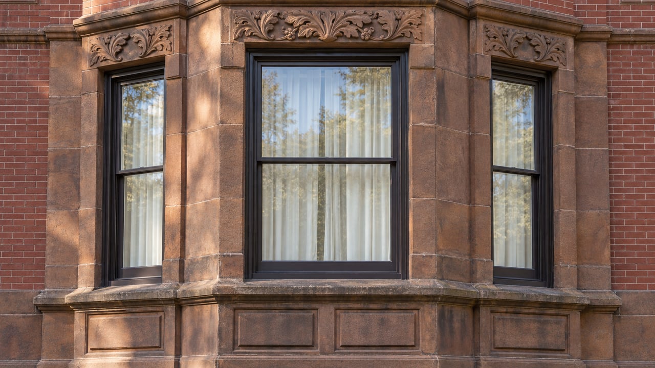 Autumn sunlight on a sandstone townhouse bay with carved lintels, dark timber sash windows and red brick above.
