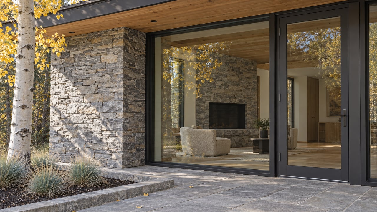 Autumn light on a luxury home's quartzite pier, timber eave and enclosed glazed great room beside a golden-leaved aspen.